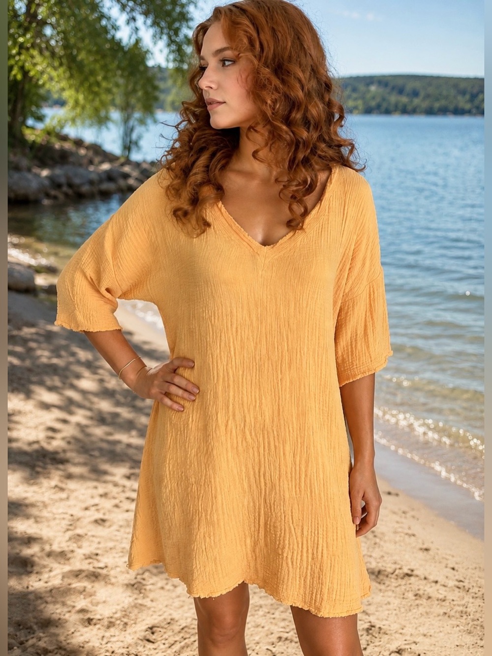 Mododoc Los Angeles Orange Double Gauze Cotton Kaftan Dress NWT S